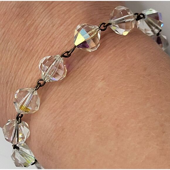 Vintage 60s AB Crystal Faceted Bracelet 7.5in - Picture 1 of 4